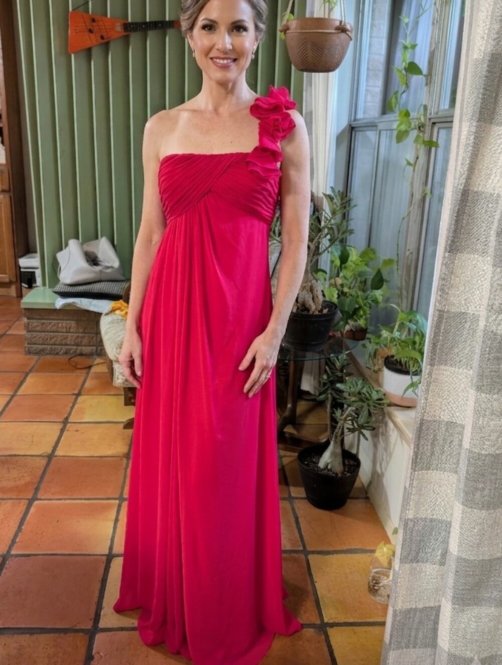 Eva Brazzi Fucsia One Shoulder Maxi Dress.